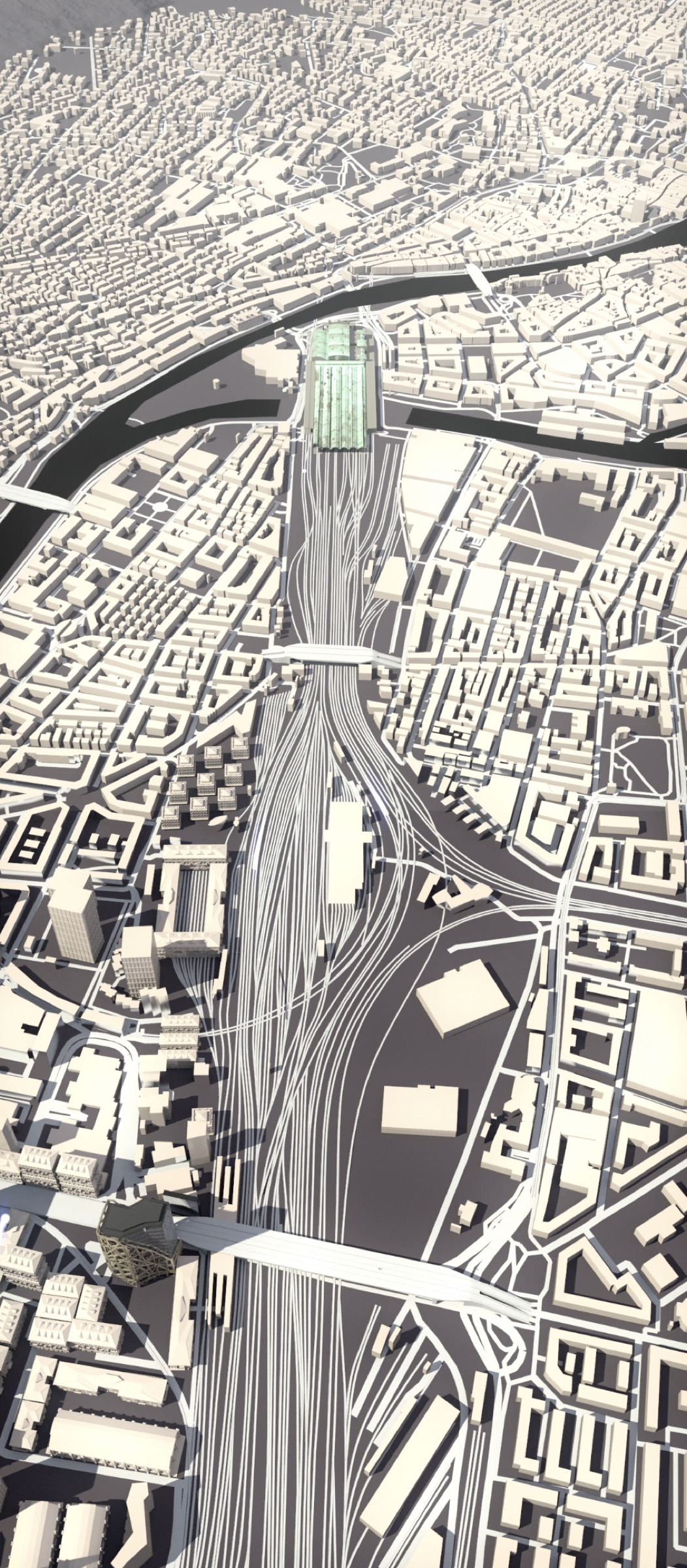 Monochrome 3D motion still — aerial view of a city and its rail network for the Future of Mobility module